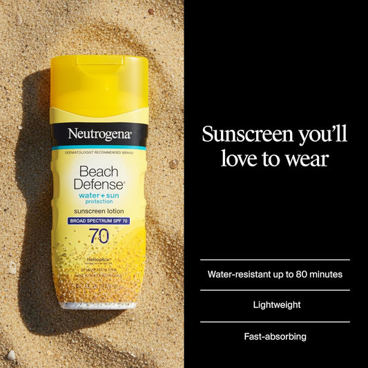 Neutrogena Beach Defense Sunscreen Lotion SPF 70 Broad Spectrum UVA UVB Protection Lightweight Water Resistant up to 80 Minutes Beach-Strength Sun Protection for Whole Family, 6.7 Fl Oz