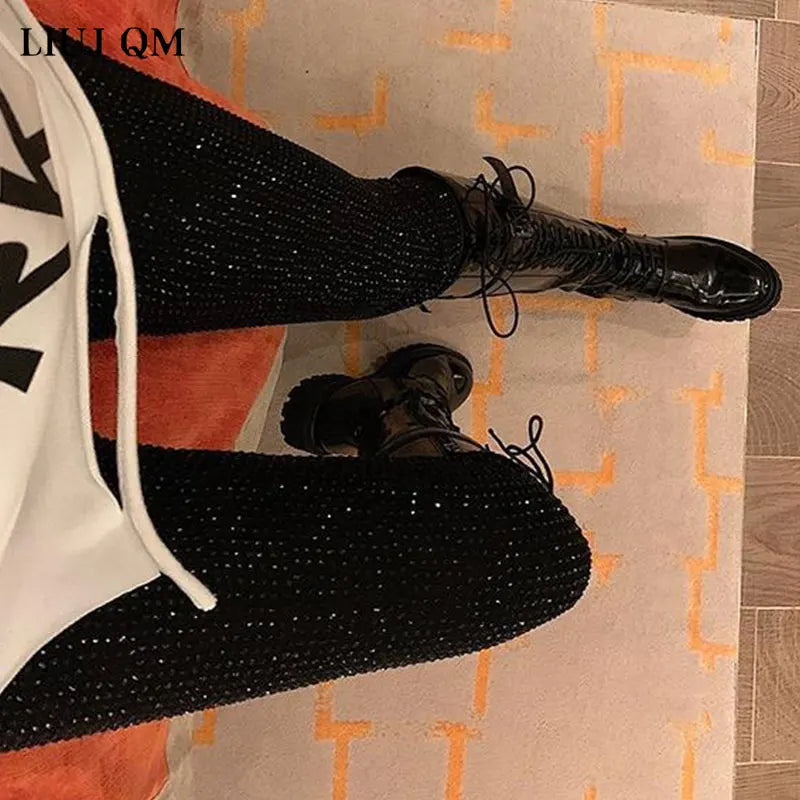 European 2024 Spring Woman Pants New Hot Rhinestone Trousers Fashion Pants Women Harajuku Slim Sweatpants Women Mujer Pantalones