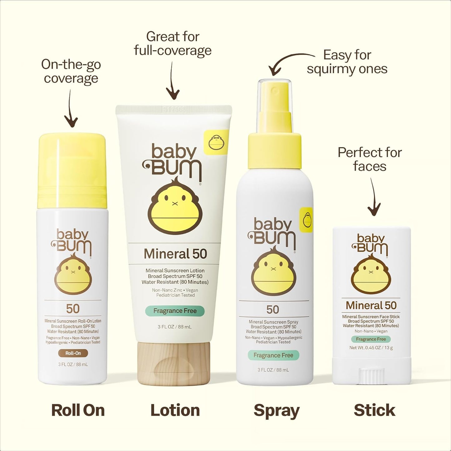 Baby Bum Mineral SPF 50 Sunscreen Stick - Hawaii 104 Act Compliant (Without Octinoxate & Oxybenzone) - UVA/UVB Face and Body Protection - Unscented for Sensitive Skin - Travel Size - 0.45 Oz