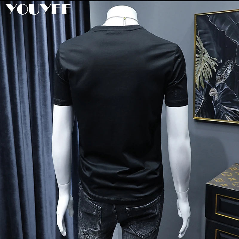 Short Sleeve T-shirt Men's Slim Embroidered Light Luxury New Trend Summer Round Neck Male Tees Top Man Wear Clothing M-4XL