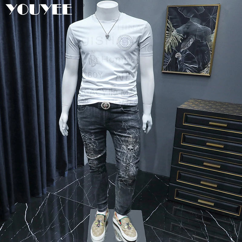 Short Sleeve T-shirt Men's Slim Embroidered Light Luxury New Trend Summer Round Neck Male Tees Top Man Wear Clothing M-4XL
