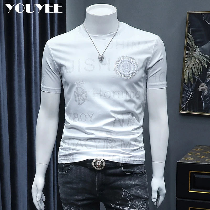 Short Sleeve T-shirt Men's Slim Embroidered Light Luxury New Trend Summer Round Neck Male Tees Top Man Wear Clothing M-4XL