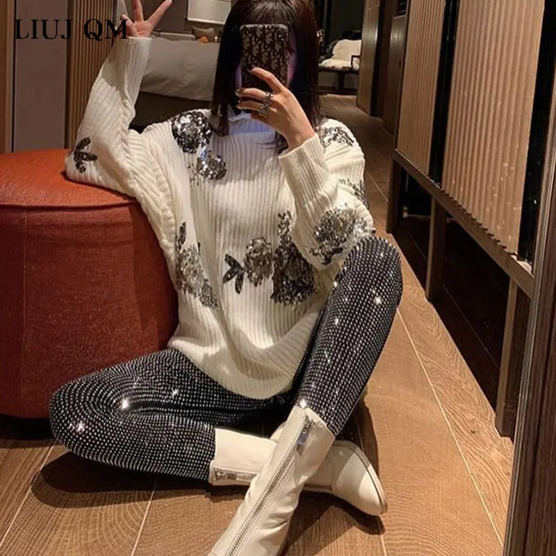 European 2024 Spring Woman Pants New Hot Rhinestone Trousers Fashion Pants Women Harajuku Slim Sweatpants Women Mujer Pantalones