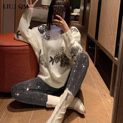 European 2024 Spring Woman Pants New Hot Rhinestone Trousers Fashion Pants Women Harajuku Slim Sweatpants Women Mujer Pantalones