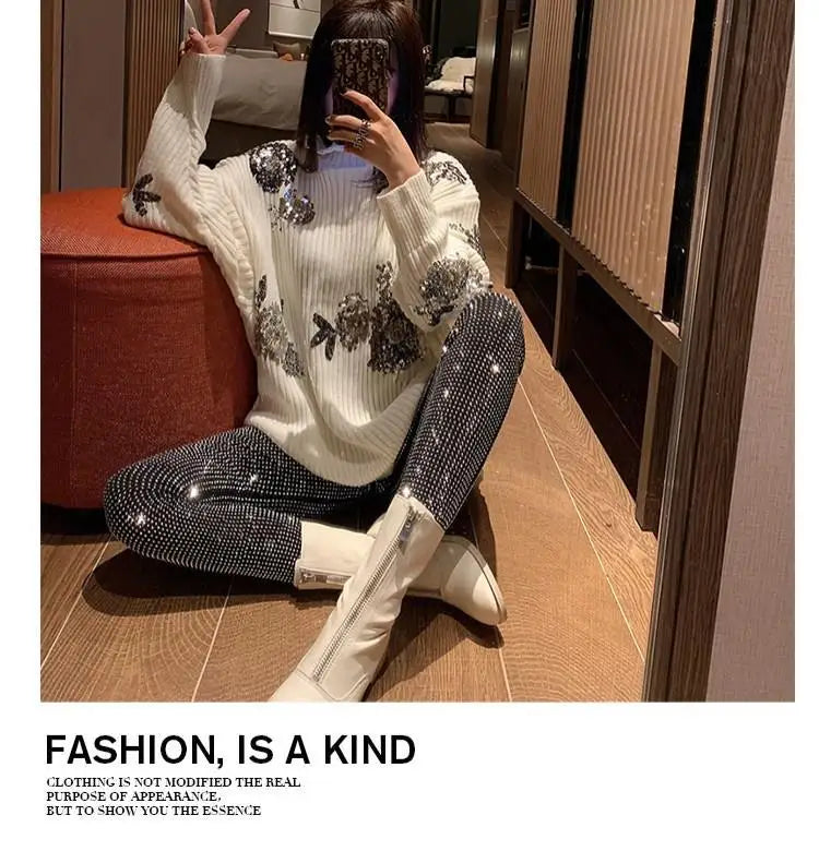 European 2024 Spring Woman Pants New Hot Rhinestone Trousers Fashion Pants Women Harajuku Slim Sweatpants Women Mujer Pantalones
