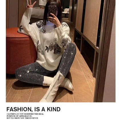 European 2024 Spring Woman Pants New Hot Rhinestone Trousers Fashion Pants Women Harajuku Slim Sweatpants Women Mujer Pantalones