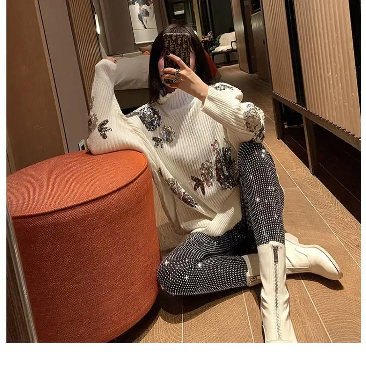 European 2024 Spring Woman Pants New Hot Rhinestone Trousers Fashion Pants Women Harajuku Slim Sweatpants Women Mujer Pantalones