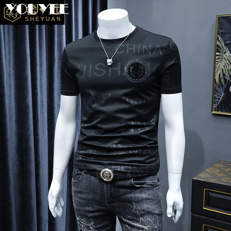 Short Sleeve T-shirt Men's Slim Embroidered Light Luxury New Trend Summer Round Neck Male Tees Top Man Wear Clothing M-4XL