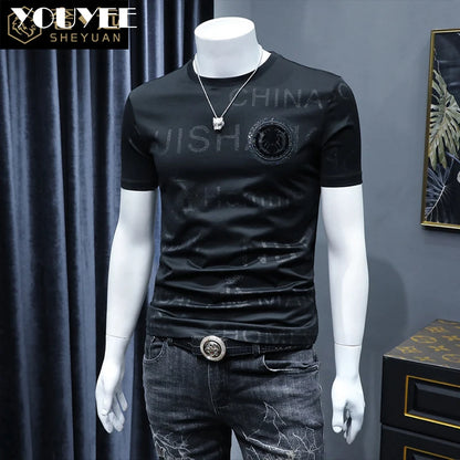 Short Sleeve T-shirt Men's Slim Embroidered Light Luxury New Trend Summer Round Neck Male Tees Top Man Wear Clothing M-4XL