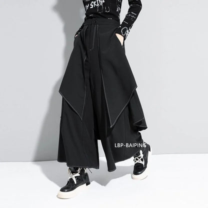 Korean Woman Pants New 2025 Black Loose False Two-piece Wide Legs Pants Ladies Casual Streetwear Hurajuku Trousers  Ladies