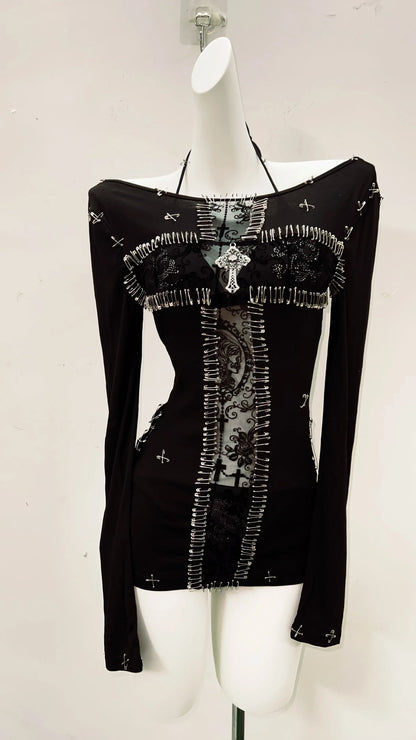 y2k fashion y2k clothes y2k crop top gothic clothes vintage shirt y2k shirt Gothic shirt Punk shirt Harajuku shirt Cross shirt