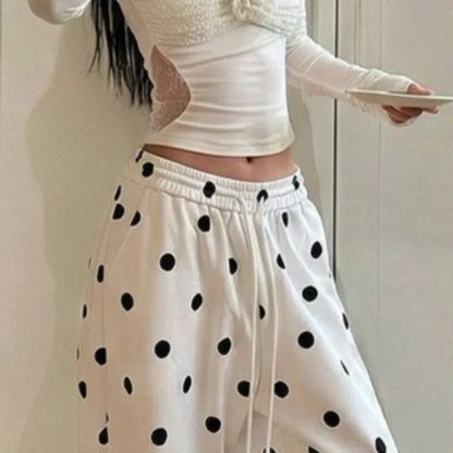 OCEANLOVE Wide Leg Trousers Polka Dot Spring Summer Korean Fashion Woman Pants High Waist Drawstring Pantalones Mujer