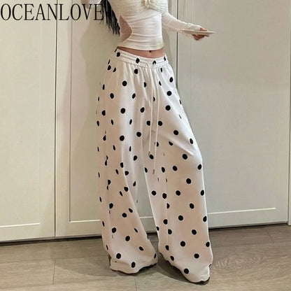 OCEANLOVE Wide Leg Trousers Polka Dot Spring Summer Korean Fashion Woman Pants High Waist Drawstring Pantalones Mujer