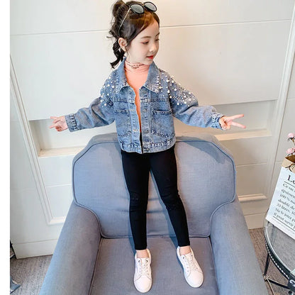 Spring Pearl Embellishment Teenage Girls Denim Coat Children Fashion Windbreaker Kids Birthday Present Outerwear for 3-12 Years
