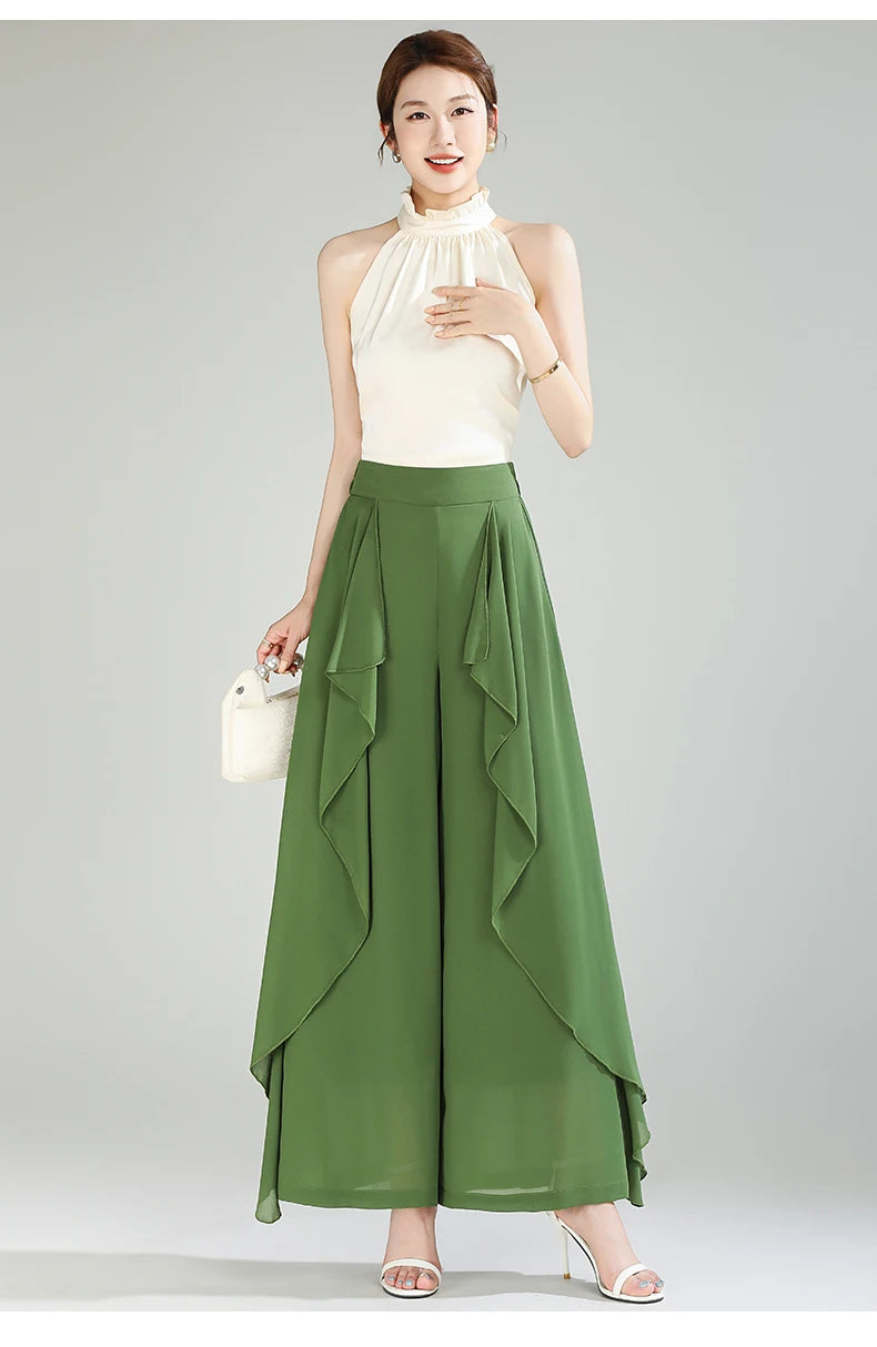 ZUZK Summer Ruffles Chiffion Pants Elastic Waist White Pants Women Fashion Lady Dance Pants baggy pants Wide Leg Pants