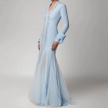Customized A-line Evening Dresses Floor-length V-neck Full Sleeve Prom Gown Fashion Sequined Beading Simple Draped Party Gown