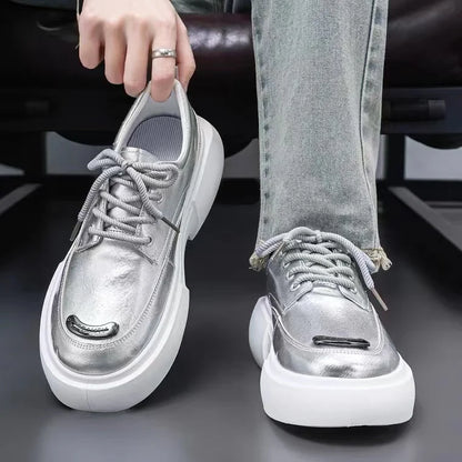 Luxury Silvery Man Shoes Platform Heightening Fashion Leather Shoes for Man Wear-resistant Lightweight Sneakers Shoes Men
