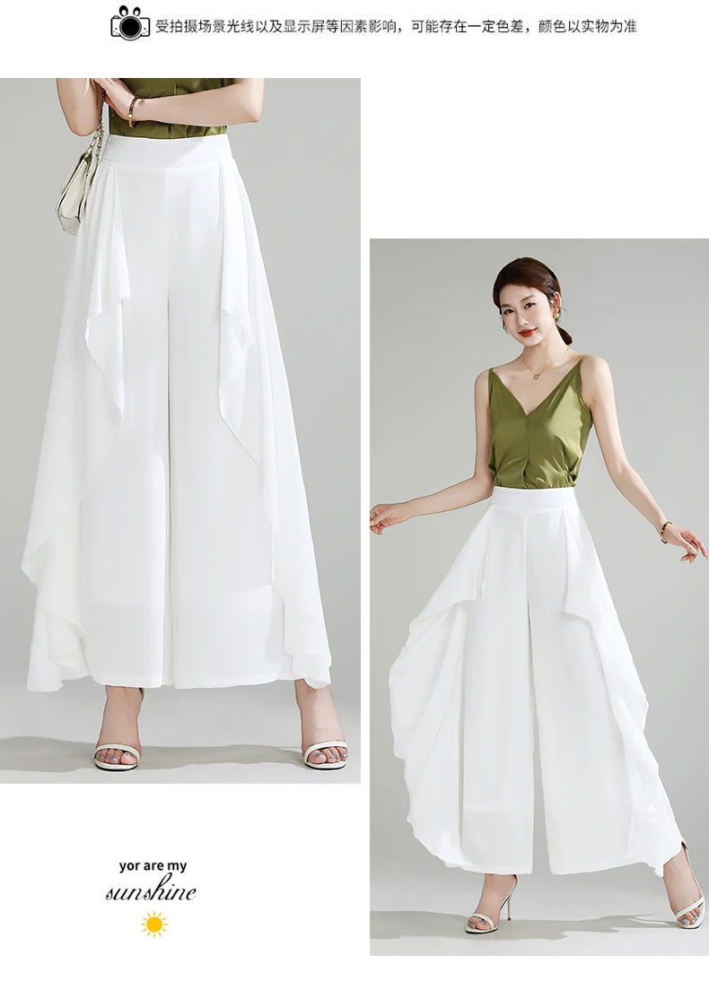 ZUZK Summer Ruffles Chiffion Pants Elastic Waist White Pants Women Fashion Lady Dance Pants baggy pants Wide Leg Pants