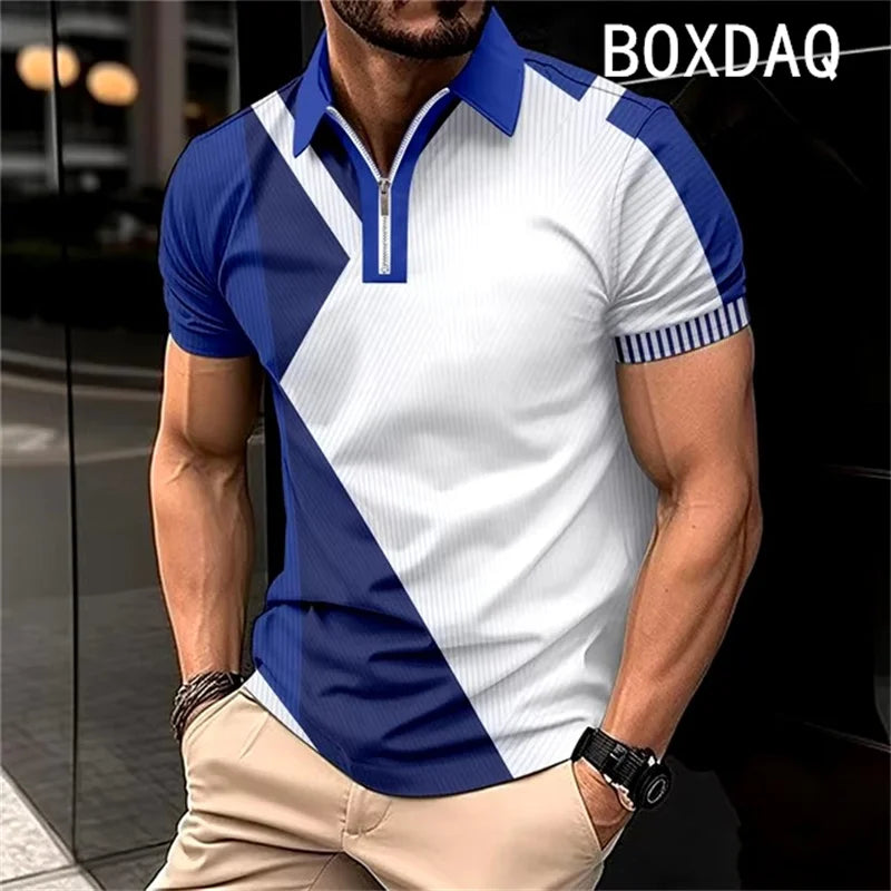 Men's Summer Short Sleeve Lapel Zipper Collar Polo Shirt Fashion Minimalist Casual Polo Shirt 3D Color Splicing Polo Shirt Tops