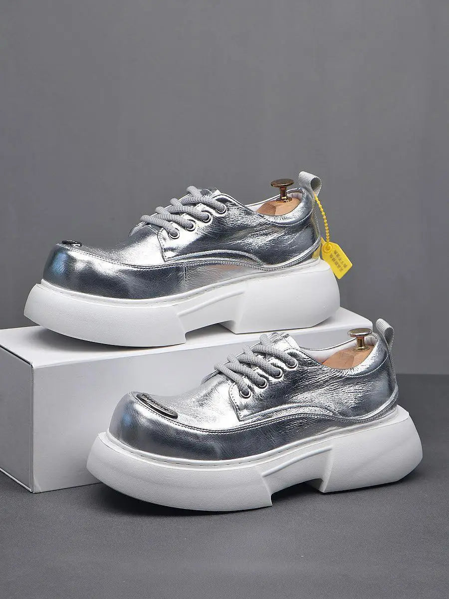 Luxury Silvery Man Shoes Platform Heightening Fashion Leather Shoes for Man Wear-resistant Lightweight Sneakers Shoes Men