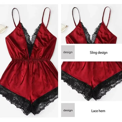 Summer New Sexy Fashion Women Lace Splice Trim Backless Bow Shorts V-Neck Bodysuit Women Sleep Wear Set