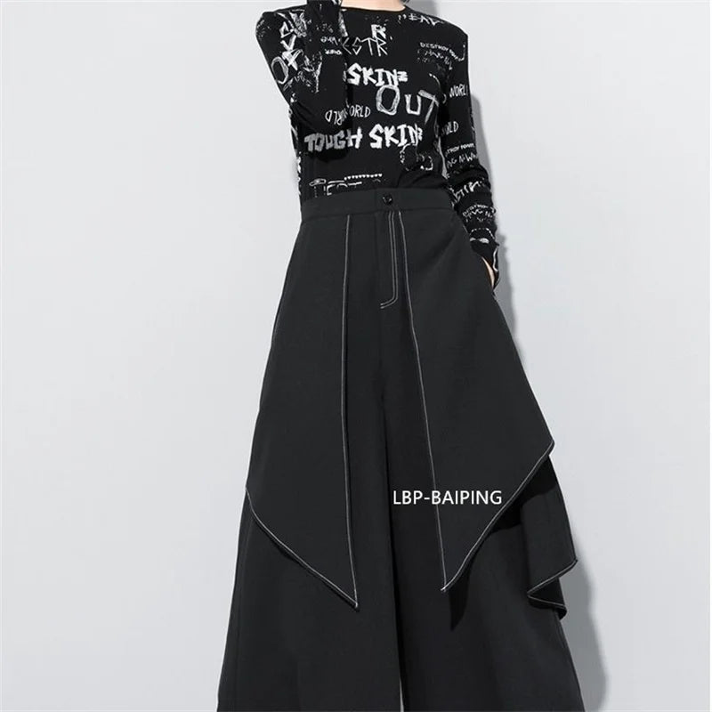 Korean Woman Pants New 2025 Black Loose False Two-piece Wide Legs Pants Ladies Casual Streetwear Hurajuku Trousers  Ladies
