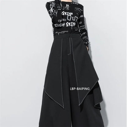 Korean Woman Pants New 2025 Black Loose False Two-piece Wide Legs Pants Ladies Casual Streetwear Hurajuku Trousers  Ladies