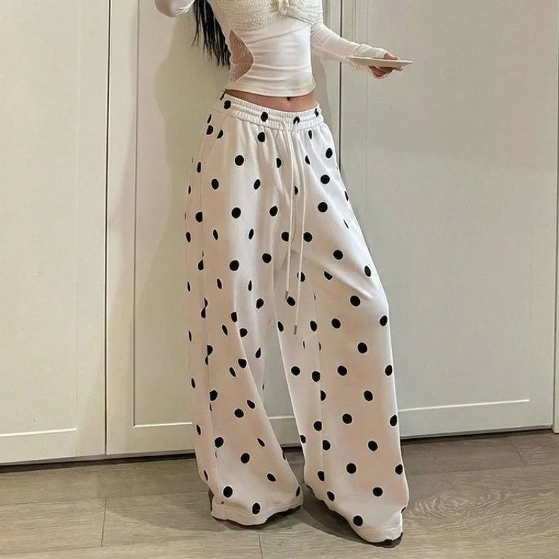 OCEANLOVE Wide Leg Trousers Polka Dot Spring Summer Korean Fashion Woman Pants High Waist Drawstring Pantalones Mujer