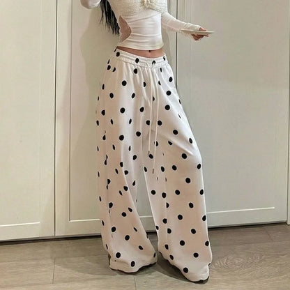 OCEANLOVE Wide Leg Trousers Polka Dot Spring Summer Korean Fashion Woman Pants High Waist Drawstring Pantalones Mujer