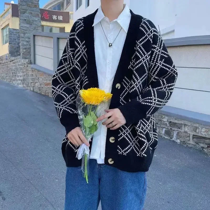 Men's Clothing Plaid Knit Sweater Male Jacket Black Coat Cardigan 2025 New In Aesthetic Meme Korean Autumn Clothes Sweat-shirt