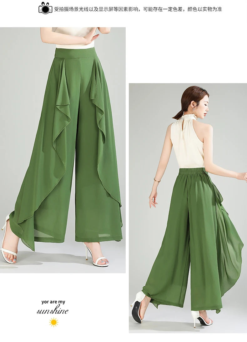 ZUZK Summer Ruffles Chiffion Pants Elastic Waist White Pants Women Fashion Lady Dance Pants baggy pants Wide Leg Pants