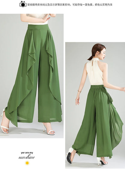 ZUZK Summer Ruffles Chiffion Pants Elastic Waist White Pants Women Fashion Lady Dance Pants baggy pants Wide Leg Pants