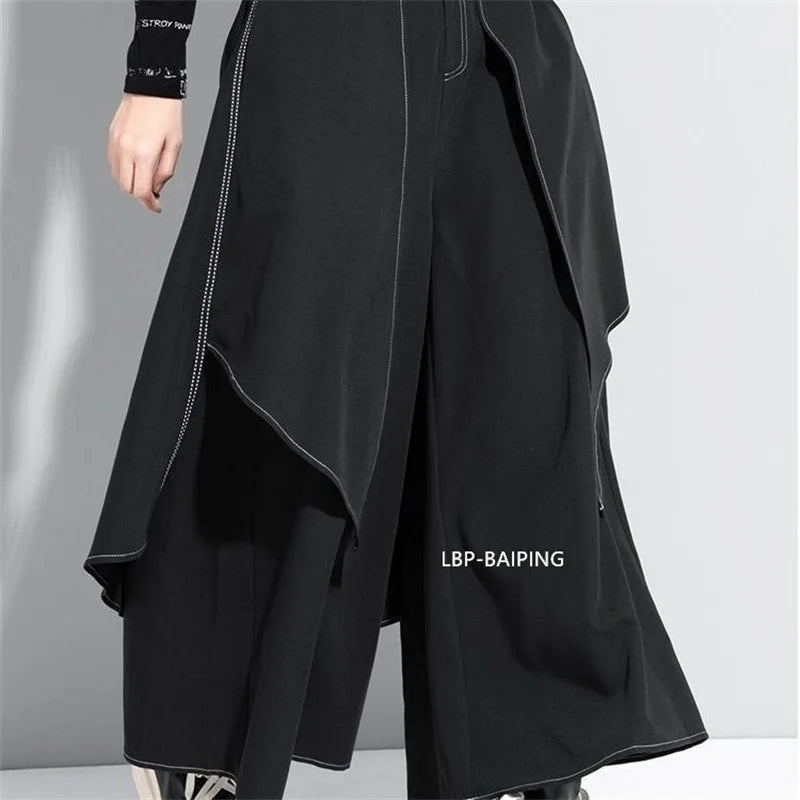 Korean Woman Pants New 2025 Black Loose False Two-piece Wide Legs Pants Ladies Casual Streetwear Hurajuku Trousers  Ladies