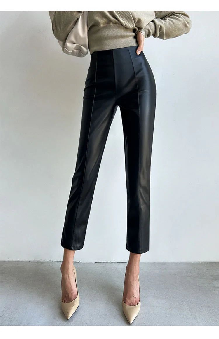 PU Autumn Winter Leather Pencil Pant Women Bodycon Fashion Office High Waist Ladies Trousers Casual Woman Pants
