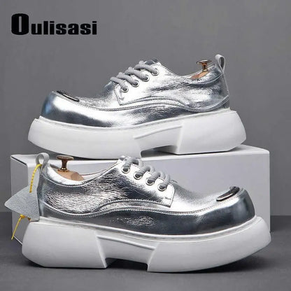 Luxury Silvery Man Shoes Platform Heightening Fashion Leather Shoes for Man Wear-resistant Lightweight Sneakers Shoes Men