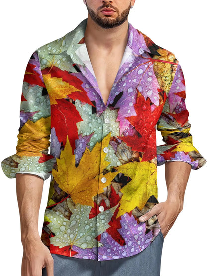 Men's shirt red maple leaf autumn long sleeve lapel shirt top shirt casual shirt Hawaiian shirt casual breathable simple fashion