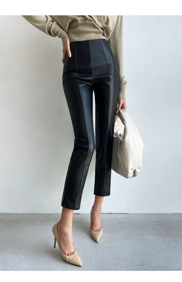 PU Autumn Winter Leather Pencil Pant Women Bodycon Fashion Office High Waist Ladies Trousers Casual Woman Pants