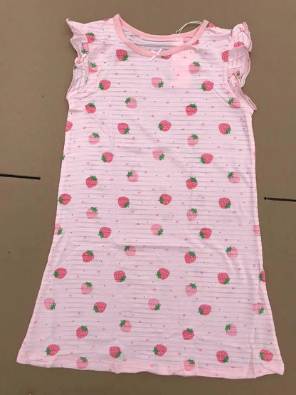 Girl Strawberry Prints Nightgown Dress Cotton Soft Breathable Kids Sleep Wear Quality Home Wear Size 110-170