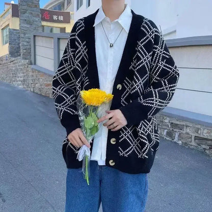 Men's Clothing Plaid Knit Sweater Male Jacket Black Coat Cardigan 2025 New In Aesthetic Meme Korean Autumn Clothes Sweat-shirt