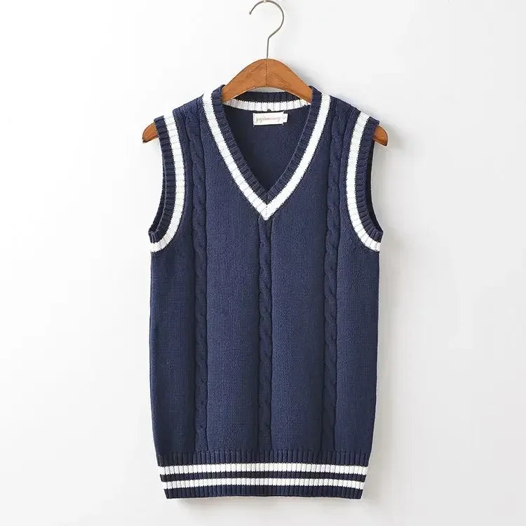 Striped White Knitted Sweaters for Men Blue Sleeveless Man Clothes V Neck Vest Red Waistcoat Jumpers Sweat-shirt Cigaret Cotton