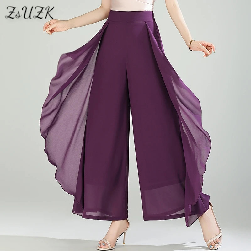 ZUZK Summer Ruffles Chiffion Pants Elastic Waist White Pants Women Fashion Lady Dance Pants baggy pants Wide Leg Pants