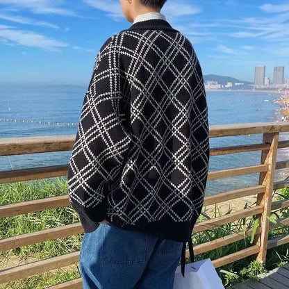 Men's Clothing Plaid Knit Sweater Male Jacket Black Coat Cardigan 2025 New In Aesthetic Meme Korean Autumn Clothes Sweat-shirt