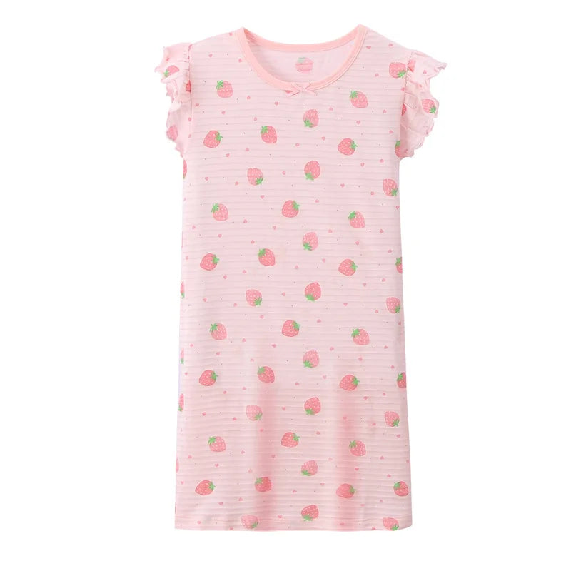 Girl Strawberry Prints Nightgown Dress Cotton Soft Breathable Kids Sleep Wear Quality Home Wear Size 110-170