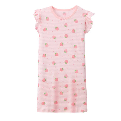 Girl Strawberry Prints Nightgown Dress Cotton Soft Breathable Kids Sleep Wear Quality Home Wear Size 110-170