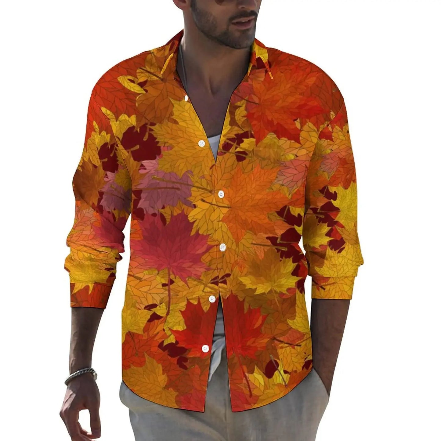 Men's shirt red maple leaf autumn long sleeve lapel shirt top shirt casual shirt Hawaiian shirt casual breathable simple fashion