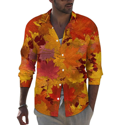 Men's shirt red maple leaf autumn long sleeve lapel shirt top shirt casual shirt Hawaiian shirt casual breathable simple fashion