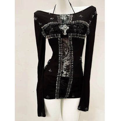 y2k fashion y2k clothes y2k crop top gothic clothes vintage shirt y2k shirt Gothic shirt Punk shirt Harajuku shirt Cross shirt