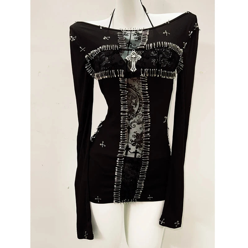 y2k fashion y2k clothes y2k crop top gothic clothes vintage shirt y2k shirt Gothic shirt Punk shirt Harajuku shirt Cross shirt