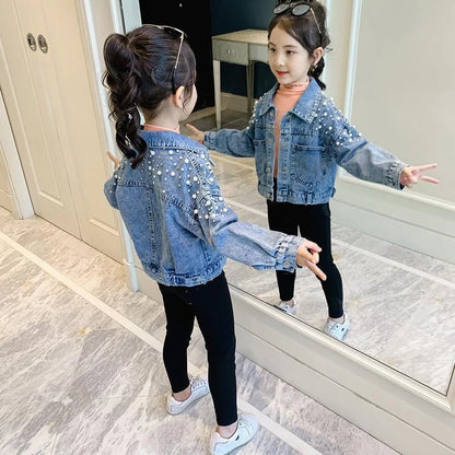 Spring Pearl Embellishment Teenage Girls Denim Coat Children Fashion Windbreaker Kids Birthday Present Outerwear for 3-12 Years