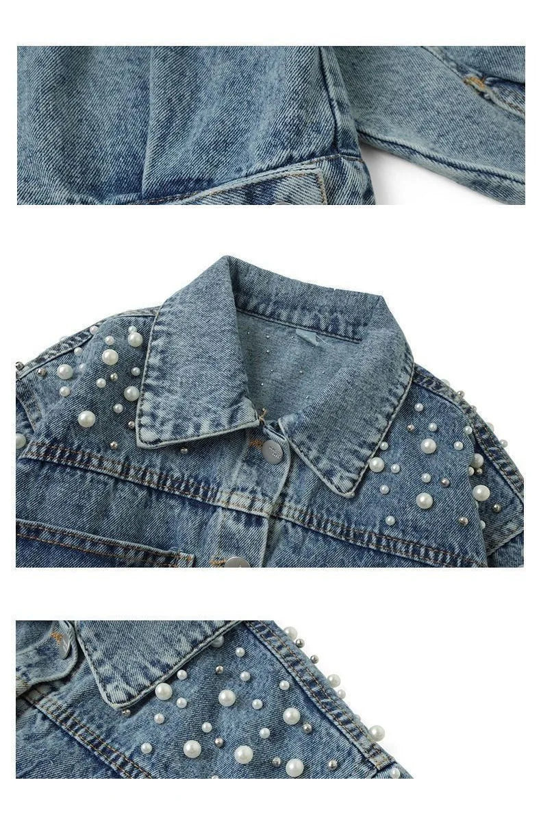 Spring Pearl Embellishment Teenage Girls Denim Coat Children Fashion Windbreaker Kids Birthday Present Outerwear for 3-12 Years